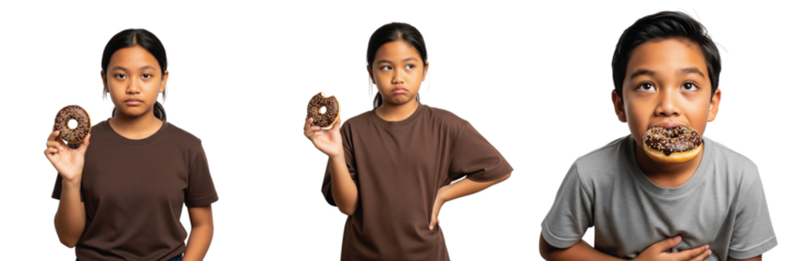 Three diverse children, two girls and one boy, looking unenthusiastic and bored while holding and eating sugary fast food donuts, highlighting common childhood aversion to bland 