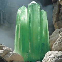 Cluster of vibrant green crystals nestled amongst rocks.