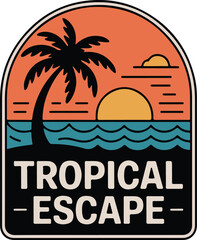 Naklejka premium Tropical Escape tranquil beach scene with a lone palm tree, the sun setting over the ocean and 