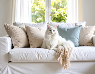 White Cat on a Minimalist Sofa in Daylight
