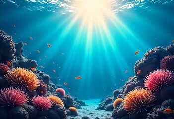 Obraz premium Underwater scene with coral and sunlight streaming down