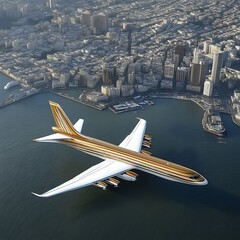 Luxurious gold-trimmed airplane above a city skyline.