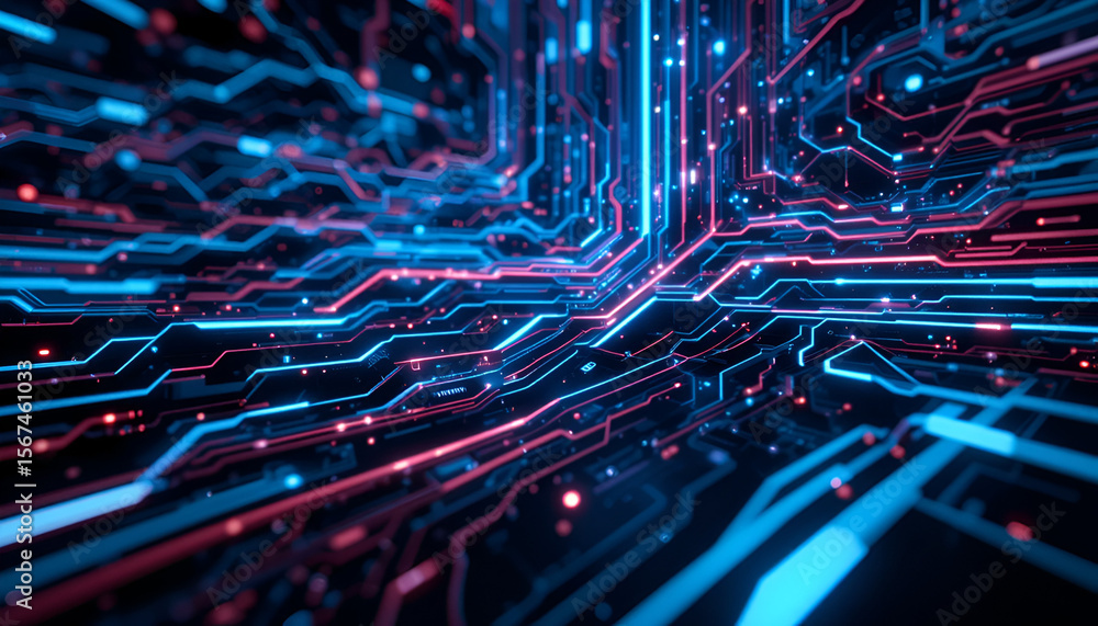 Aufkleber abstract technology background features a vibrant network of blue and red glowing circuit board line