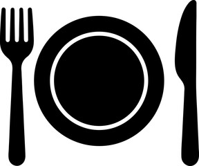 Simple black silhouette of a plate with fork and knife for dining