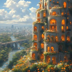 A towering structure with balconies filled with flowers overlooks a cityscape.