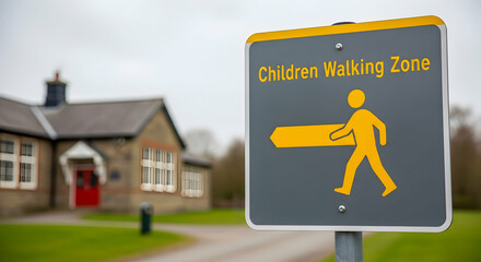 Yellow Children Walking Zone Sign Near The School Building On Blurred Background