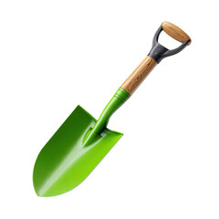 Green hand shovel with wooden handle isolated on transparent background

