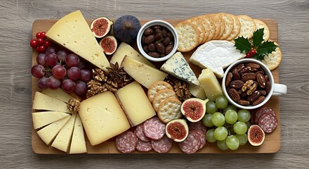 a festive cheese board, laden with various cheeses, crackers, grapes, figs, nuts, and a sprig of holly, arranged artfully on a wooden board.
