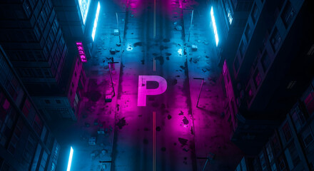 Naklejka premium Cyberpunk Parking Neon Cityscape Visual In Dystopian Urban Environment Concept