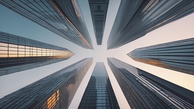 Futuristic skyscraper cluster in perfect symmetry, viewed from below at golden hour. Metallic and glass textures, soft gradient sky, vertical elegance. Ideal for tech, business visuals.