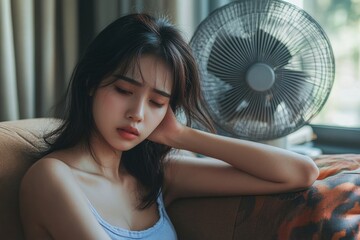 Suffering from a summer heatwave stroke, tired Asian young woman sitting on the couch in the living room without air-conditioning, using a fan for ventilation, Generative AI