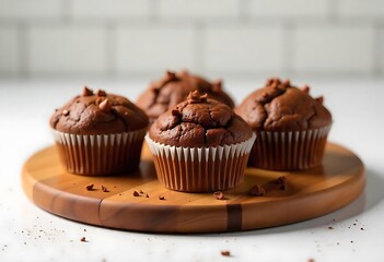 Four chocolate muffins on a wooden serving platter