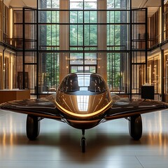 Modern personal aircraft displayed in a contemporary hall.
