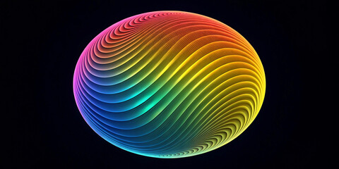 Abstract glass gradient circle with neon ribbed effect and reeded sphere texture. Futuristic fractal pattern for holographic background or tech backdrop. Vibrant rainbow blob with fluid yellow