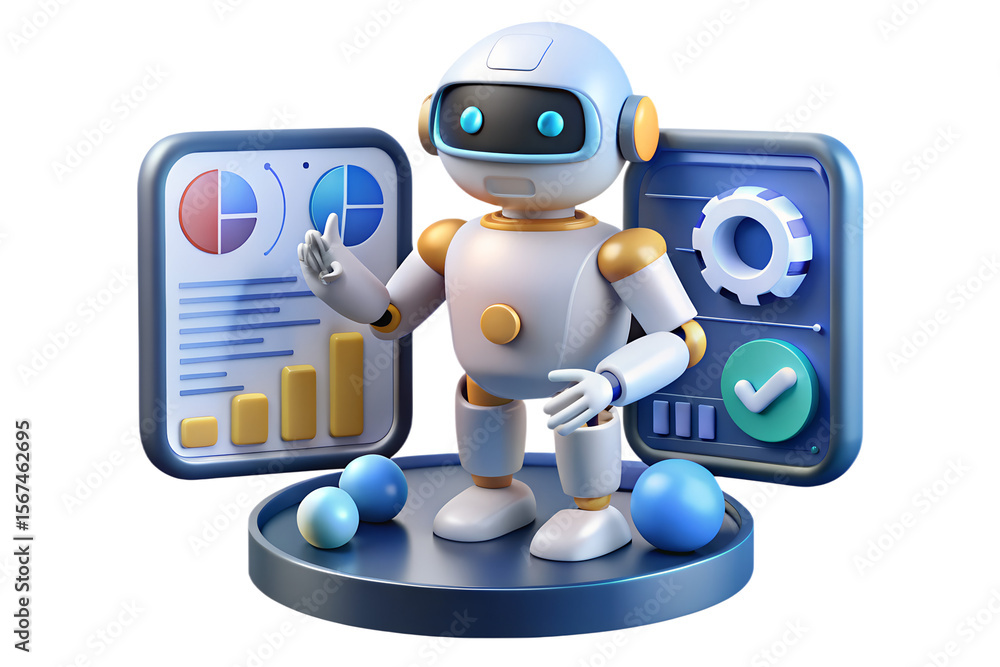 Poster cute robot presenting business analytics and financial data on a screen, set against a transparent b