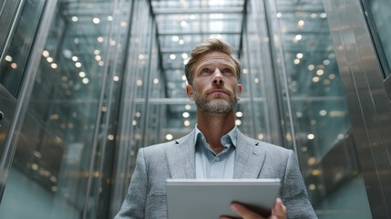 A focused businessman gazes upward while holding a digital tablet in a modern glass elevator.