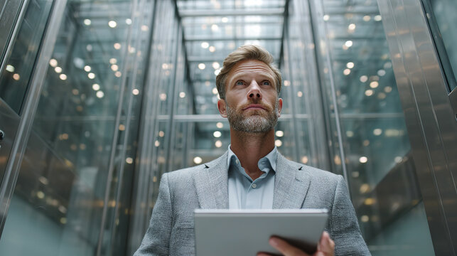 A focused businessman gazes upward while holding a digital tablet in a modern glass elevator.