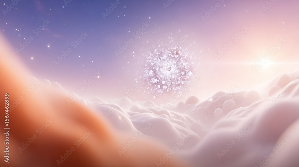 Poster cosmic cluster embedded within glowing pink region above clouds