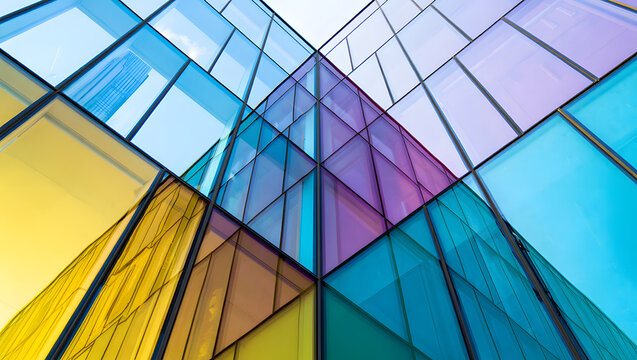 Modern glass skyscraper reflects the blue sky in its urban facade, showcasing contemporary office architecture