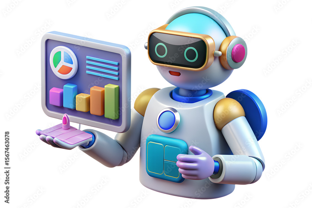 Poster a cheerful robot presents data analytics and automation solutions with a transparent background, sui