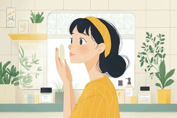 Wellness care concept, young woman applying facial skin care cream on her face in front of the mirror as part of her skincare routine, Generative AI