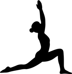 Woman performing warrior one yoga pose with arms raised silhouette