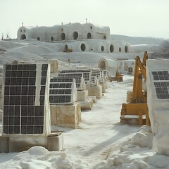 Snowy landscape with solar panels and construction.