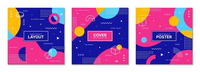 Color square covers with Memphis abstract pattern of geometric shapes, vector backgrounds. Modern or retro Y2K abstract cover layouts with Memphis pattern of minimal geometric figures and simple lines