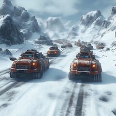 Snow-covered road with numerous large, orange vehicles.