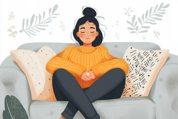 Seasonal sickness concept, young woman suffering from a common cold, sneezing on the sofa, taking care of herself at home, Generative AI