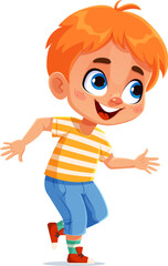 Kid dancing and jumping at a party. Cheerful cartoon vector boy character with orange hair, striped shirt, sneakers, captured mid movement with big smile and playful pose, convey joy and childhood fun