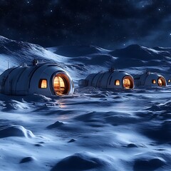 Illuminated space habitats on a snowy lunar landscape at night.