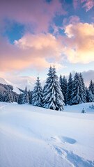 Snowy mountain sunset with winter trees.