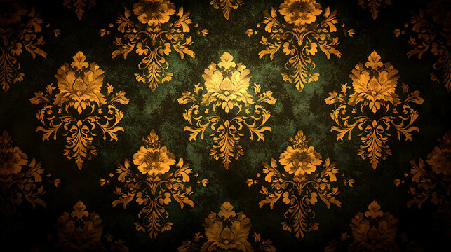 Fototapeta Ornate Gold Floral Damask Pattern on Dark Green Textured Backgro