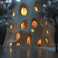 A unique, organic building with numerous sculpted openings.