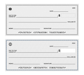 Blank bank check template, checkbook cheque with security backgrounds, micr encoded numbers and fields for payee, amount, date, memo, and signature. Vector money currency payment coupon