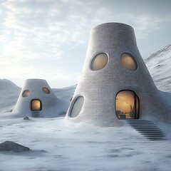 Modern, conical dwellings nestled in a snowy landscape.