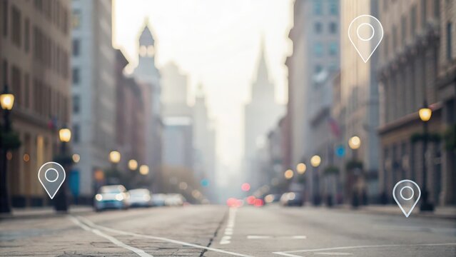 Defocused urban background featuring digital map elements and explore icons
