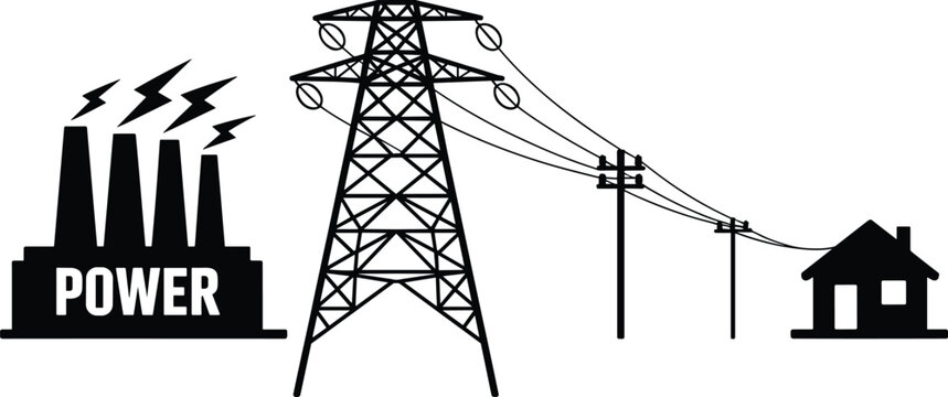 Electric power generation and transmission system illustration, energy distribution, high voltage tower, utility poles, power plant to home electricity network