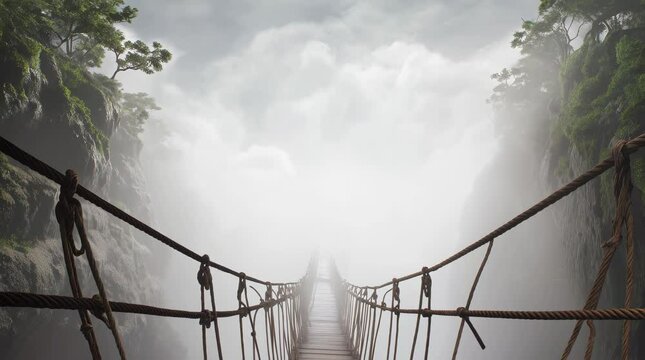 Mysterious rope bridge in foggy gray colors representing a journey and challenge with copy space