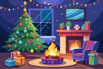 Cozy Christmas Eve Fireplace, Tree, and Gifts