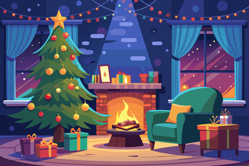 Cozy Christmas Eve Fireplace, Tree, and Gifts Await