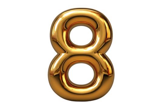 A shiny gold number eight with a reflective metallic finish.