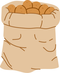 Burlap sack filled with ripe and fresh potatoes, representing agricultural produce, farm food storage. Cartoon flat vector bag with garden harvest, rustic natural and healthy farming production