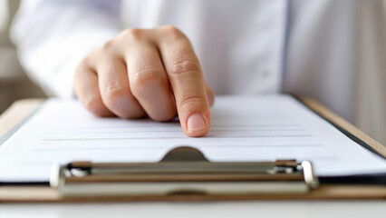Hand points to blank document clipboard, emphasizing importance of preventive cancer screening. This action highlights need for awareness