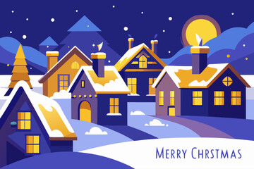 Fototapeta premium Cozy Christmas winter landscape at night with houses, snow, and festive holiday decorations