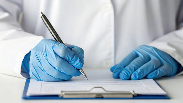 Healthcare professional in white coat and blue gloves is writing on clipboard, emphasizing importance of preventive cancer screening