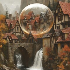A medieval town nestled beside a waterfall, encompassed by a large glass sphere.