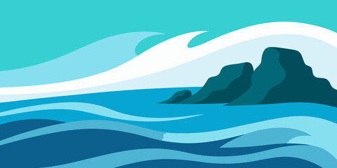 Rolling waves of blue ocean water crash upon a summer beach under a vast sky, an idyllic nature landscape perfect for travel