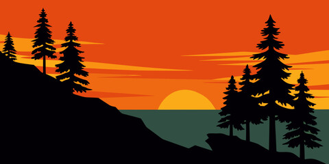 An orange sunset illuminates the serene mountain and forest landscape, casting long silhouettes of trees against the vibrant sky